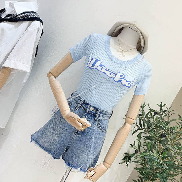 ✬Letters knitted sweater short-sleeved t-shirt high waist short blue tight jacket❖