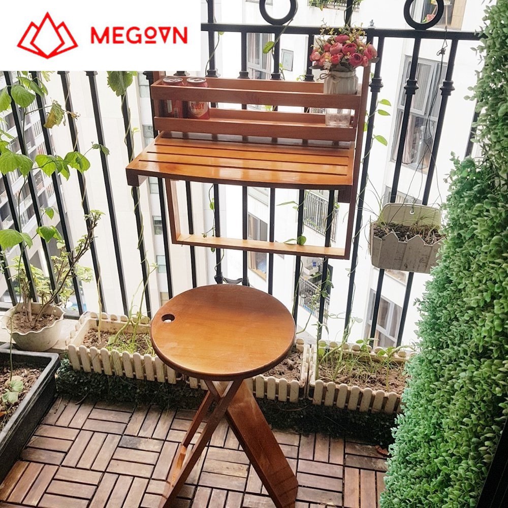Bàn gỗ treo ban công MEGOVN hình bán nguyệt, gấp gọn, kích thước D56xR35cm, chất liệu gỗ thông nhập khẩu cao cấp BBC-03
