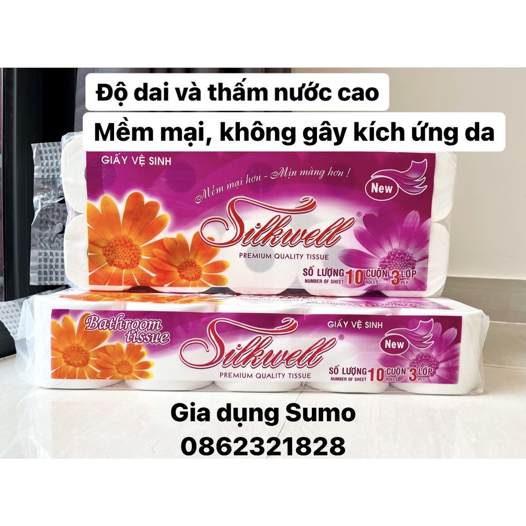 Giấy vệ sinh SILKWELL tím có lõi/không lõi 3 lớp 10 cuộn (Hàng công ty)