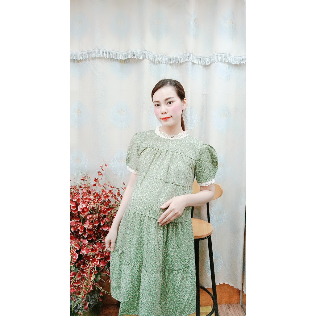 Đầm xuông hoa phối viền ren - Mẹ Bầu Xinh