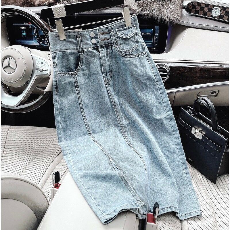 Chân váy bò dáng dài 2 khuy viền xẻ cạnh | BigBuy360 - bigbuy360.vn