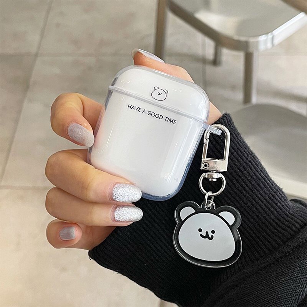 Ốp bảo vệ hộp sạc tai nghe Airpods 1/2 Bluetooth trong suốt kèm móc khóa hình gấu dễ thương