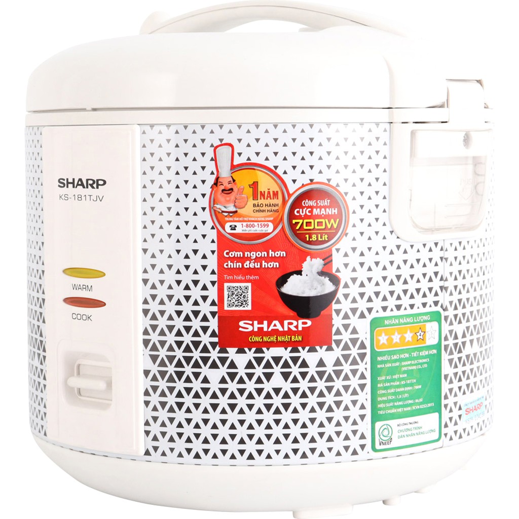 NỒI CƠM ĐIỆN NẮP GÀI SHARP KS-181TJV(AB),Dung tích: 1.8 L, Công suất:	700 W, Nơi sản xuất:Việt Nam