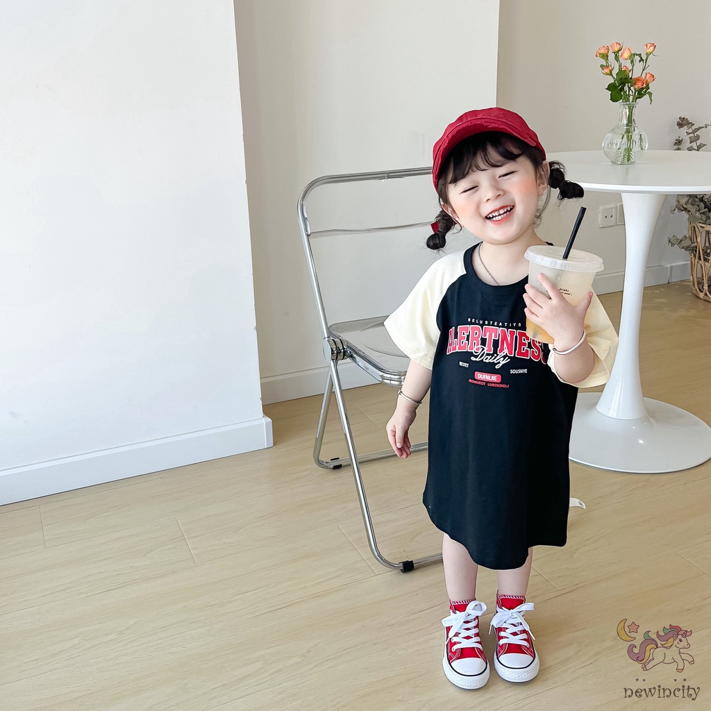Đầm Cotton Ngắn Tay In Chữ Thời Trang Mùa Hè Hàn Quốc Dành Cho Bé Gái