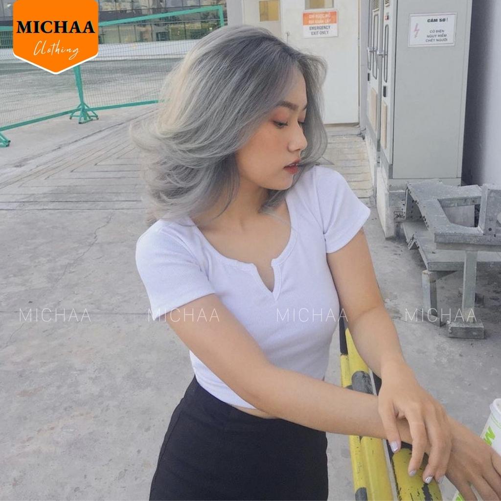 Áo Croptop Cổ KHOÉT CHỮ V Tay Ngắn Nữ Thun Cotton Phong Cách Gợi Cảm - MICHAA