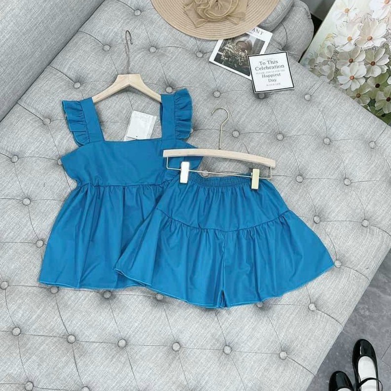 Set đồ nữ, bộ đồ nữ hè áo 2 dây bản to baby doll cánh tiên quần short giả váy