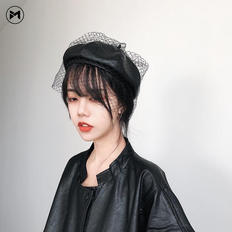 Mũ Beret Da PU Phối Lưới Phong Cách Retro Cho Bạn Gái