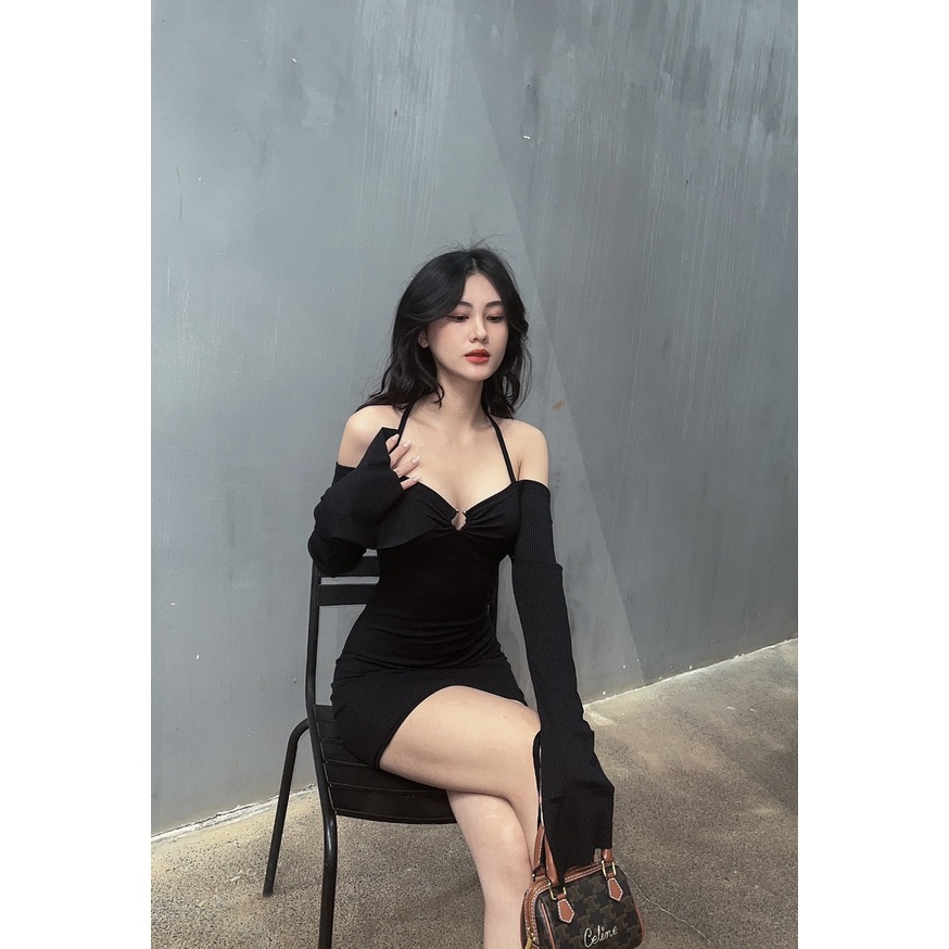 Đầm bẹt vai khoen HHVINTAGE  thun gân co dãn không nhăn