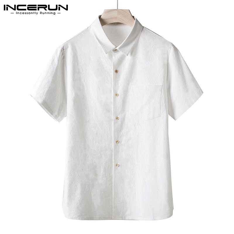 Áo sơ mi INCERUN ngắn tay cổ bẻ cotton thời trang cho nam