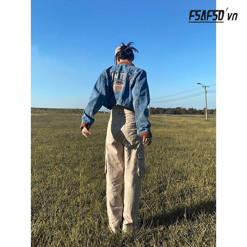 Áo Khoác Denim Tay Dài Dáng Rộng Phong Cách Thời Trang Retro Mỹ