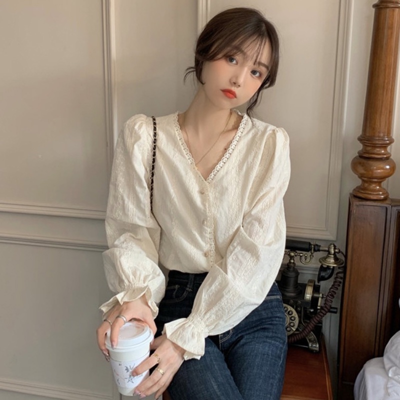 Áo sơ mi kiểu nữ Thiết kế Dài tay Tay bồng Cổ tim Thanh lịch Ulzzang Hàn Quốc Sơ mi nữ Tay dài Cổ V Thời trang