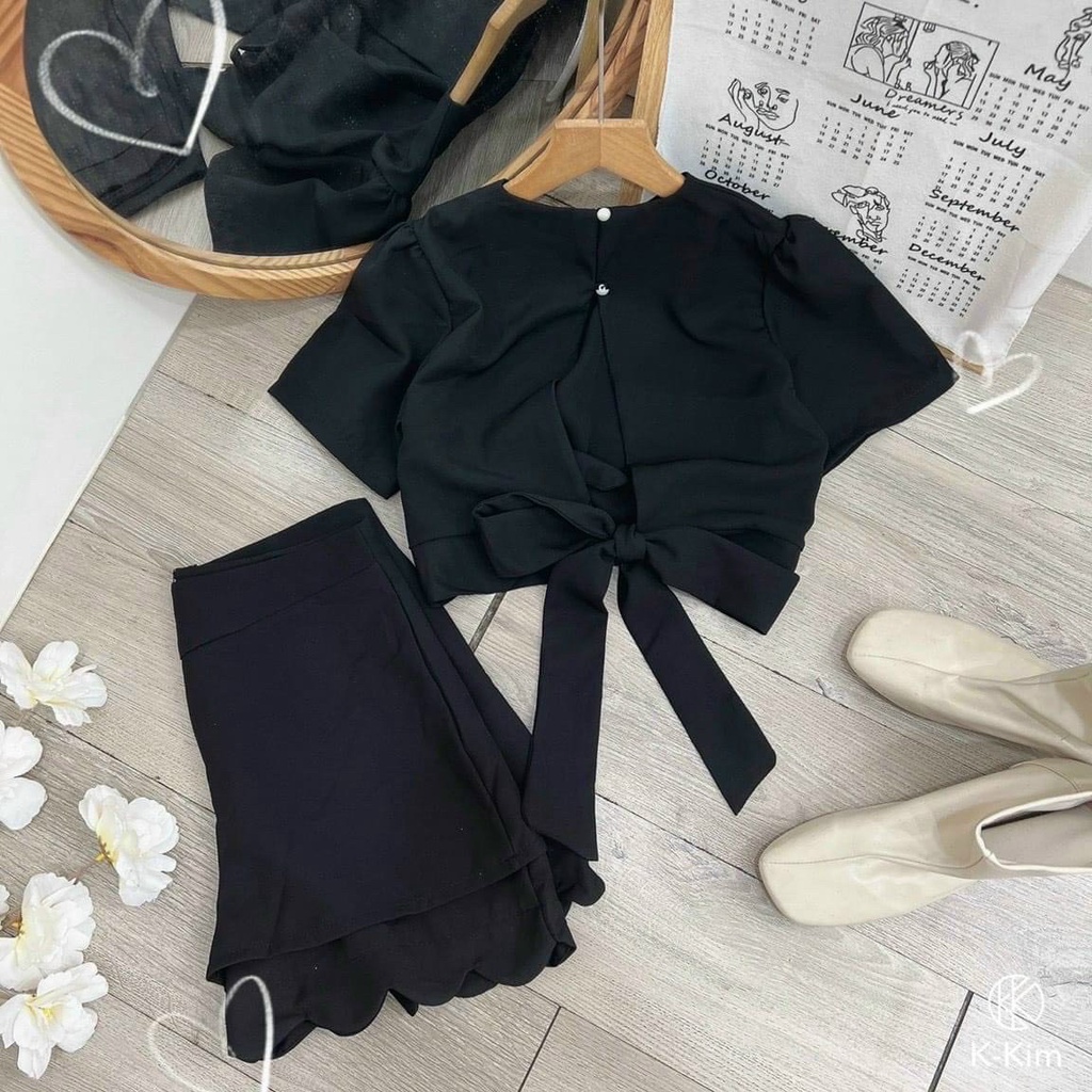 Sét bộ đùi áo cổ tròn tay ngắn cột nơ lưng phối quần lai bèo thời trang nữ duyên dáng phù hợp mọi phong cách