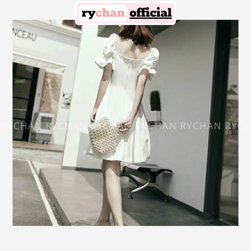 Đầm Xòe Cổ Vuông Tay Phồng Nút Bọc 2 Màu  - DX0141