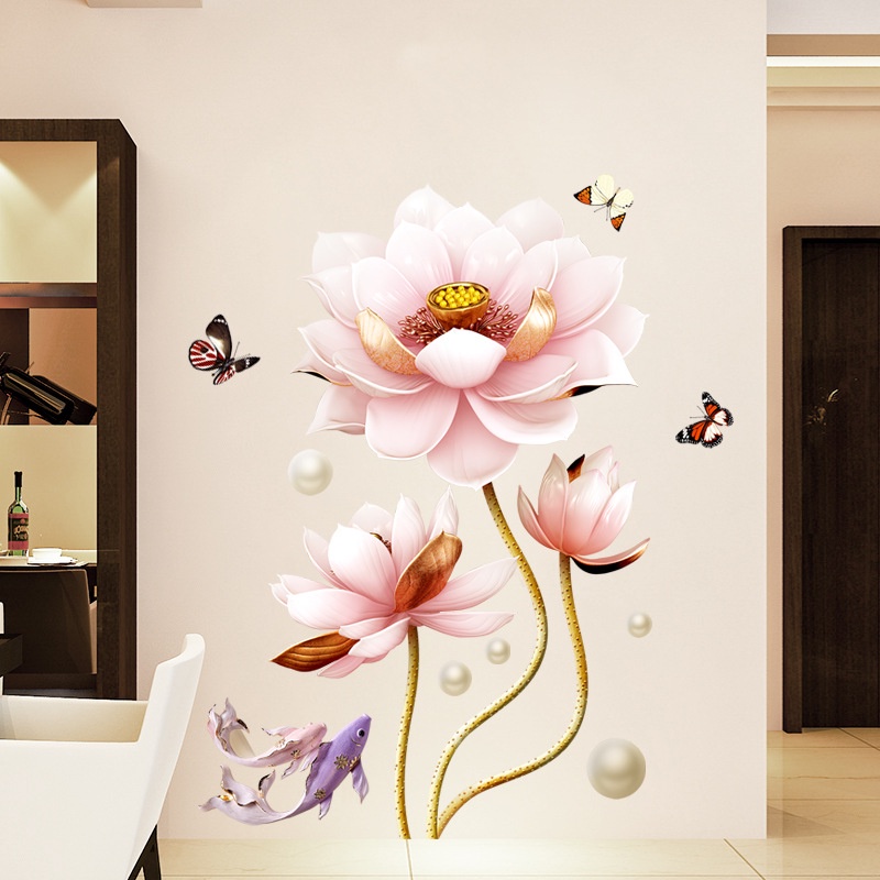 Tranh dán tường 3D Ba bông sen, Tranh hoa sen KT 90x110cm, Decal trang trí phòng