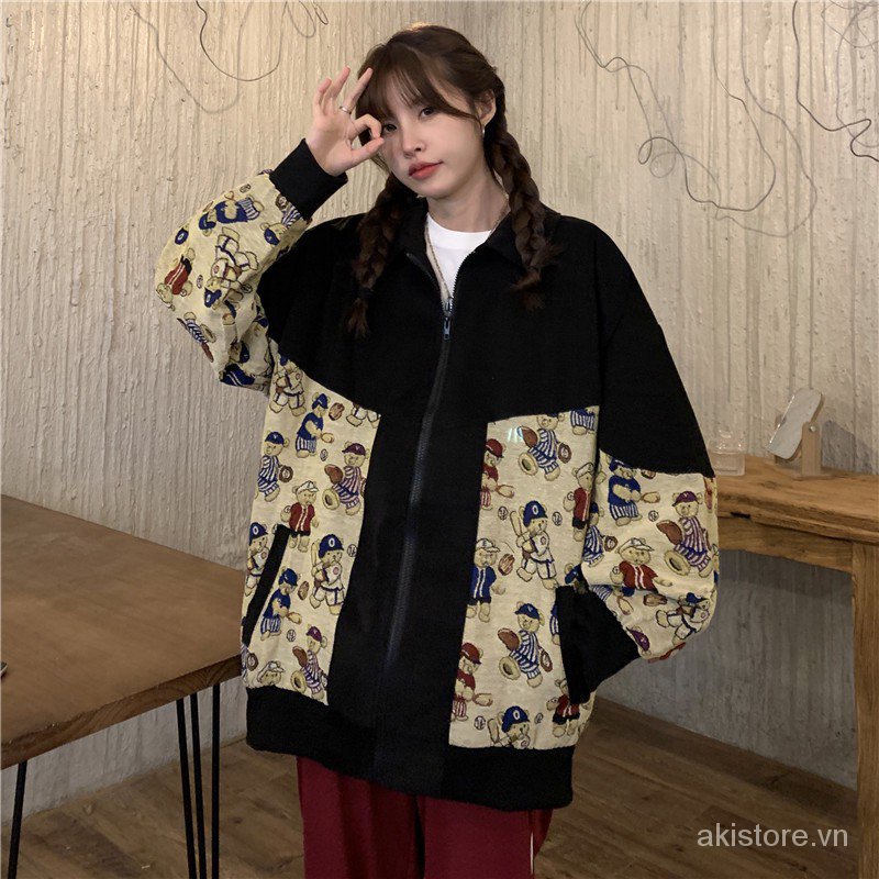 M-2XL Bigsize 95kg Áo khoác bóng chày nữ form rộng thời trang unisex hàn quốc áo bomber nữ bigsize họa tiết gấu phong cách đi chơi đi học 2AB8