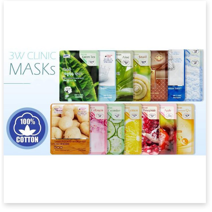 [Mã giảm giá] Bộ 10 gói mặt nạ tuyết dưỡng trắng da 3W Clinic Fresh White Mask Sheet 23ml X 10