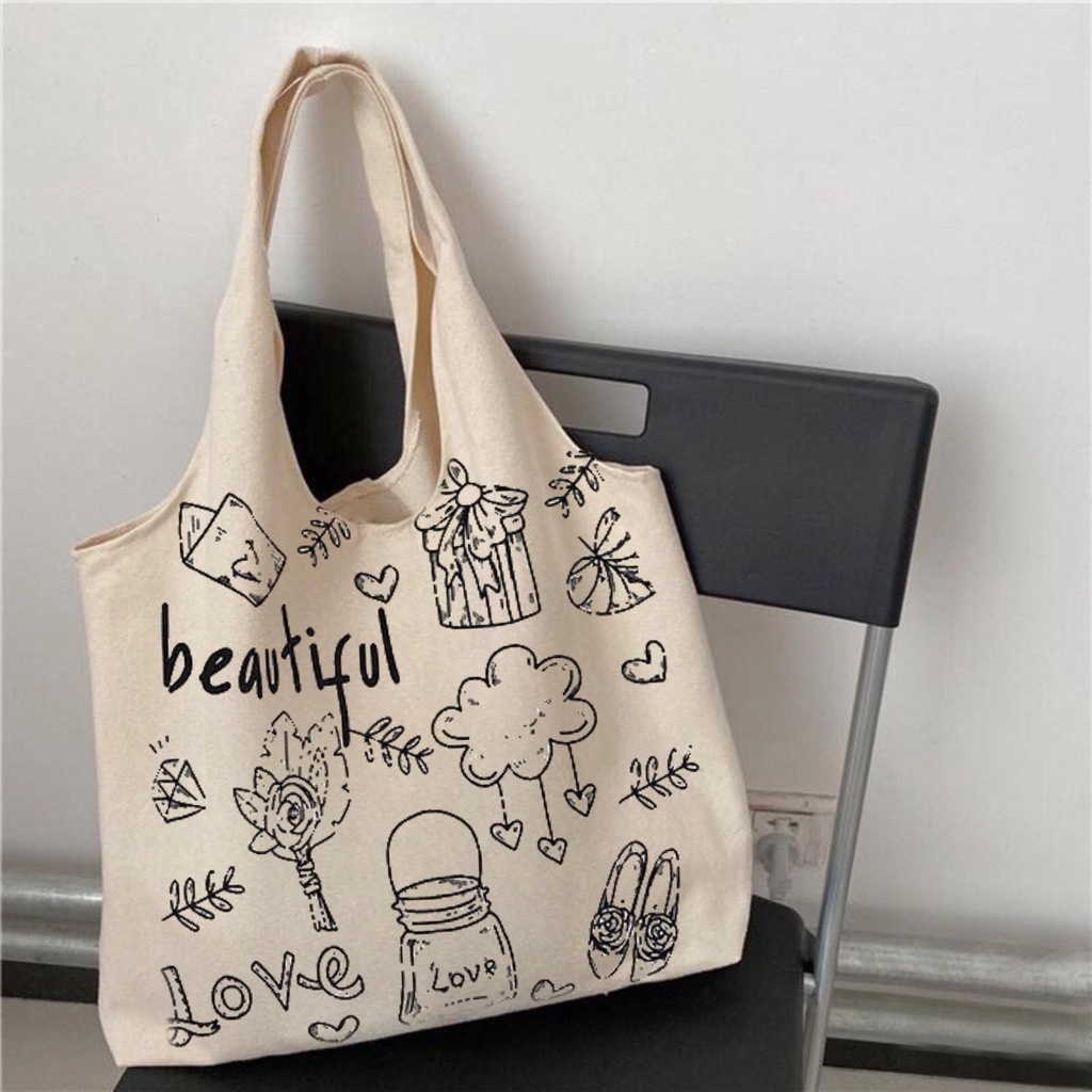 Túi tote Hazin túi vải canvas nữ Beautiful đựng vừa laptop cỡ lớn đeo vai phong cách ulzzang
