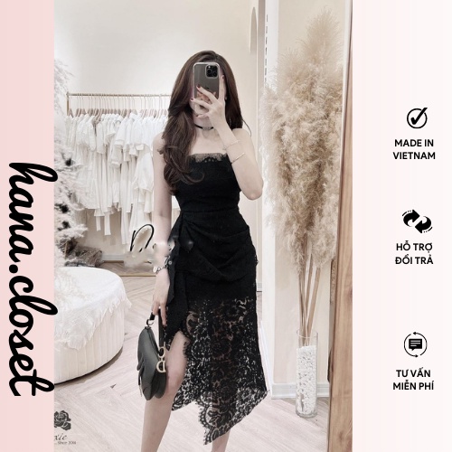 Đầm đi tiệc 2 dây váy nữ dáng dài xẻ đùi chất ren sang chảnh sexy phù hợp đi chơi dạo phố hẹn hò