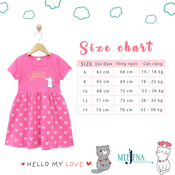 Đầm Bé Gái Tay Ngắn Tùng Xòe In Trái Tim 11-38 kg MEEJENA 100% COTTON 4C - 1488