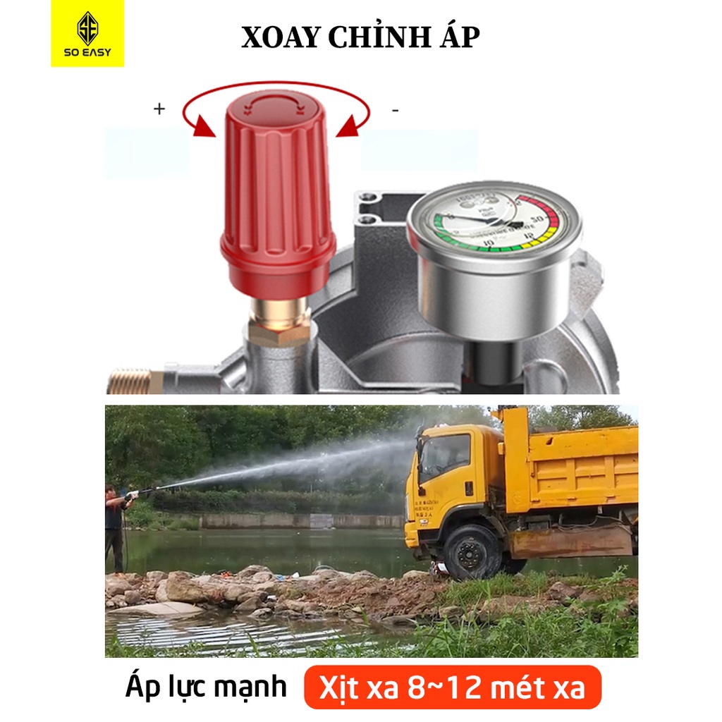 Máy rửa xe lõi toàn đồng áp lực cao, chỉnh áp, SOEASY 3000W SE005R, may xịt rua xe gia đình áp lực cao, dây nư