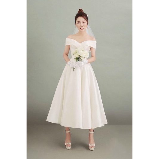 Đầm xoè cưới bẹt vai xếp ly form ngắn tặng kèm lúp nơ y hình TRIPBLE T DRESS - size S/M/L - MS182Y