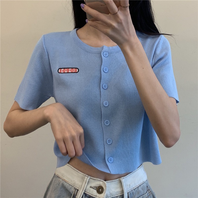 Áo cardigan ZHELIHANGFEI dệt kim ôm dáng tay ngắn phối một hàng nút thời trang