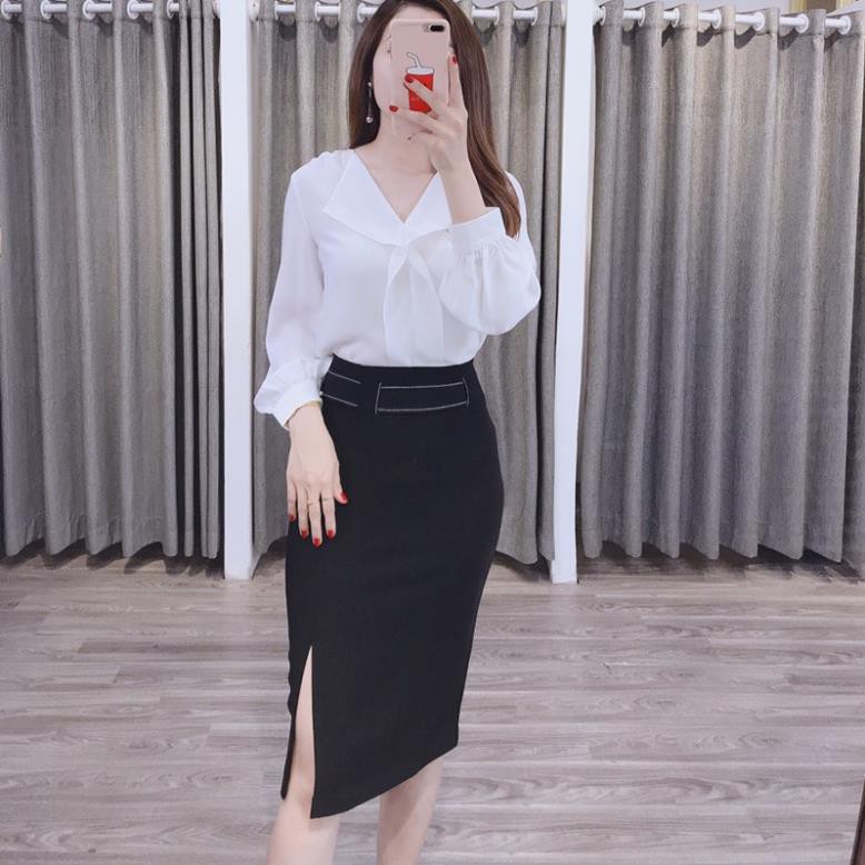 Chân váy bút chì công sở cao cấp dáng dài đẹp Cúc Fashion CV13 váy nữ xẻ trước luồn đai 💝 * *