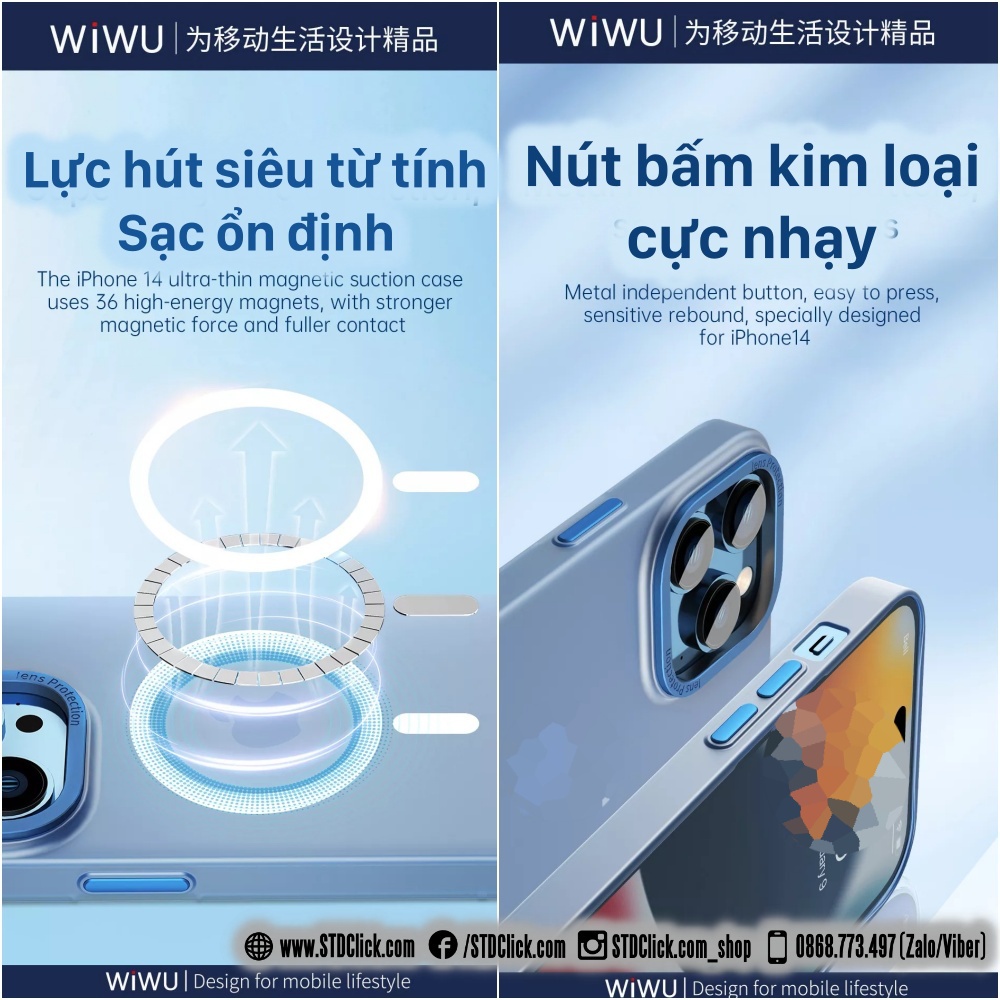 ỐP LƯNG IPHONE 14 PRO MAX - 14 PRO - 14 PLUS - 14 WIWU CHÍNH HÃNG SIÊU MỎNG NHÁM KÈM HỔ TRỢ SẠC KHÔNG DÂY NAM CHÂM