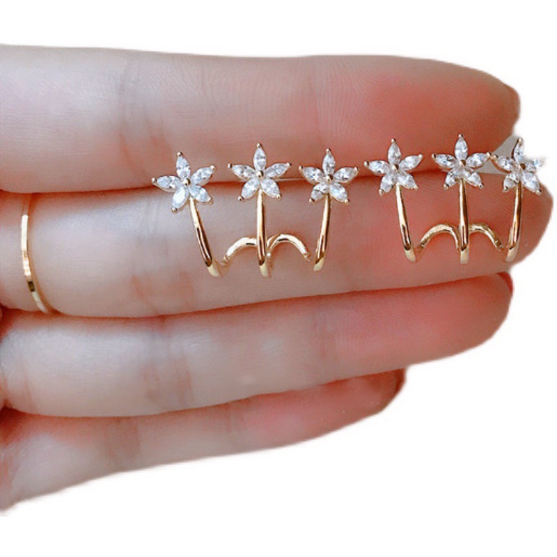 Bông tai kẹp RINHOO FRIENDSHIP nhỏ đính đá zircon hoa tinh tế thời trang cá tính cho nữ