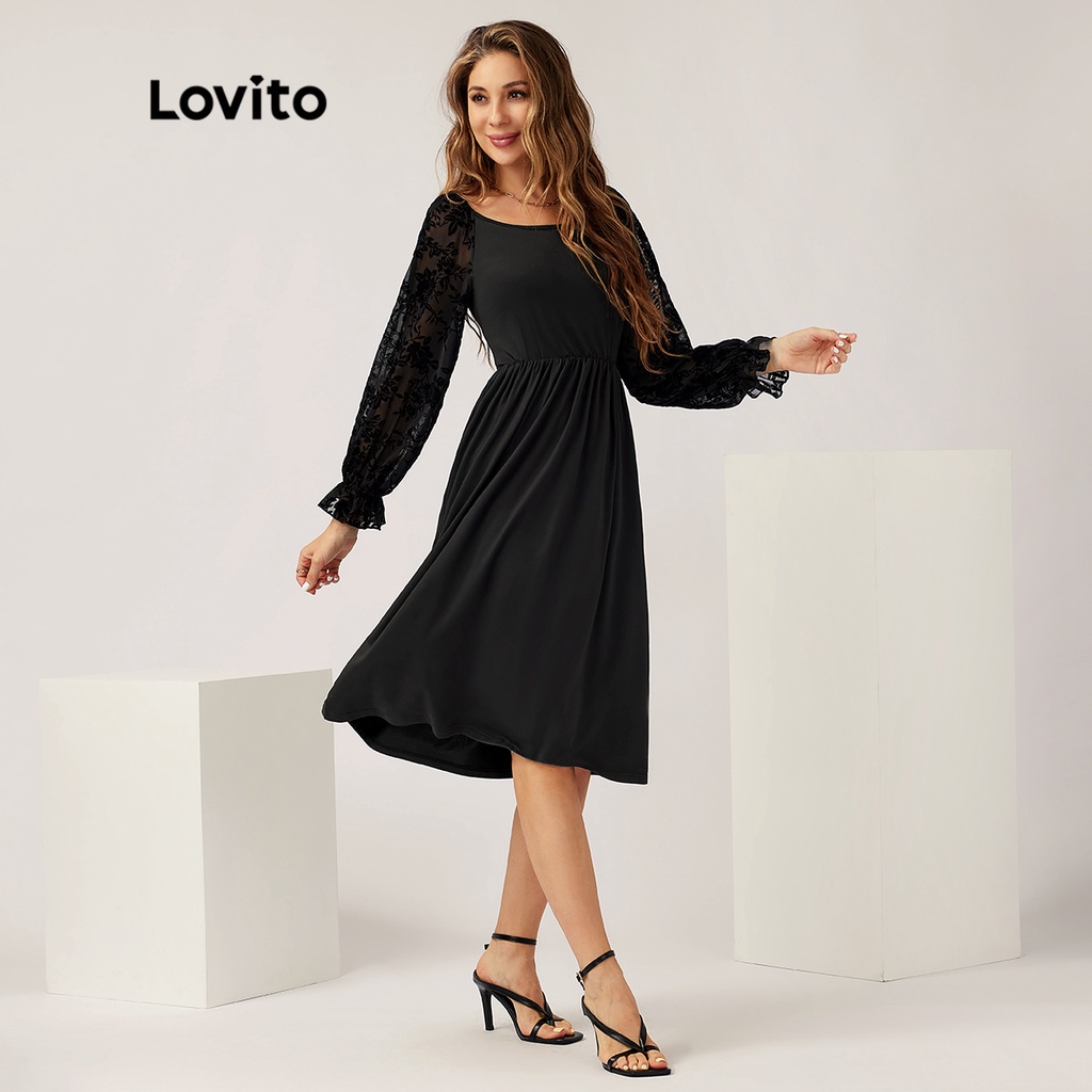 Lovito Đầm dài tay phối lưới tương phản hoa thanh lịch L21LT141 (Đen)