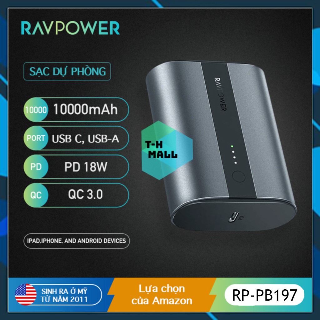 [LÕI PIN LG21700]Pin sạc dự phòng RAVPower Mini 10000mAh PD 18W QC 3.0 Tesla LG Pin Lithium-ion Cell Black RP-PB197