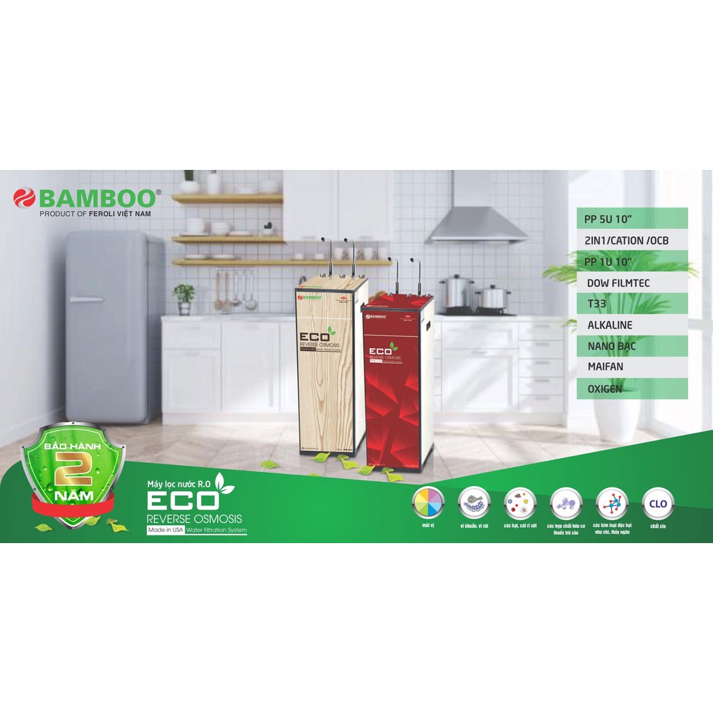 [Mã INCU300 giảm 10% đơn 499K] Máy lọc nước RO Bamboo ECO - 2 vòi 3 chế độ nóng lạnh nguội