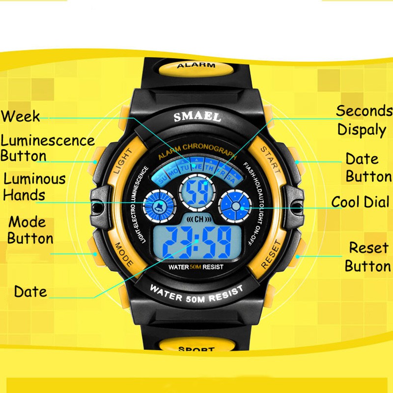 Đồng hồ điện tử SMAEL màn hình led không thấm nước phong cách thể thao dành cho học sinh