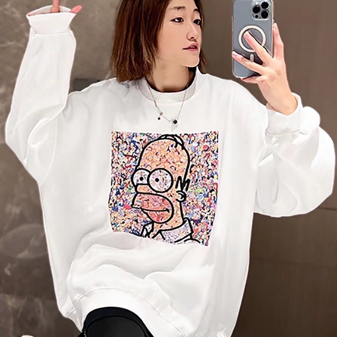 Áo sweater ZHELIHANGFEI cổ tròn in họa tiết hoạt hình dễ phối đồ