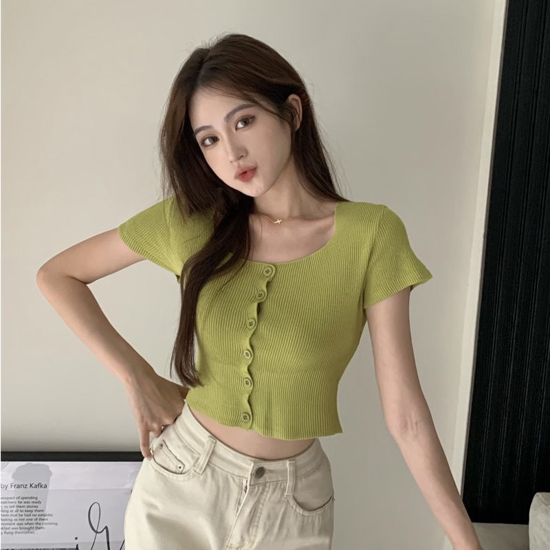 Áo Len Tay Ngắn Cổ Vuông Màu Sắc Ngọt Ngào Thời Trang Mùa Hè Cho Nữ