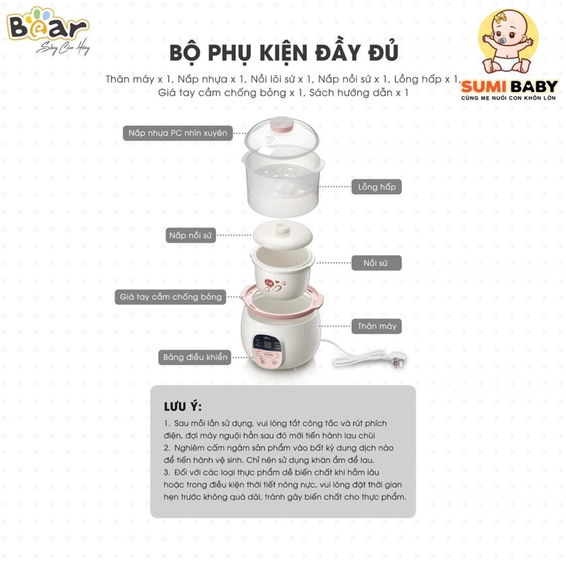 NỒI NẤU CHÁO CHẬM BEAR 0,8L BẢN QUỐC TẾ BÁO HÀNH 18 THÁNG