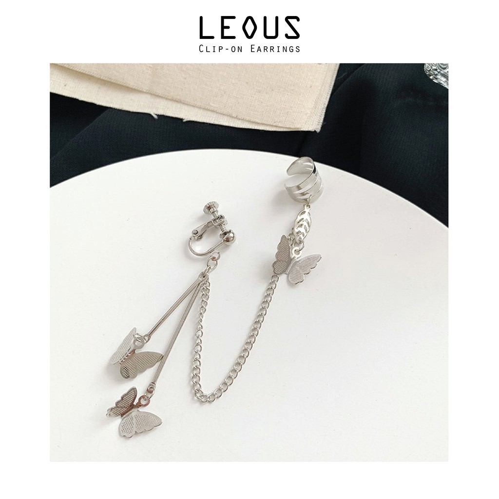 Khuyên tai kẹp vành một bên không bấm lỗ K014 bằng hợp kim mạ bạc hình cánh bướm dáng dài Leous Accessories