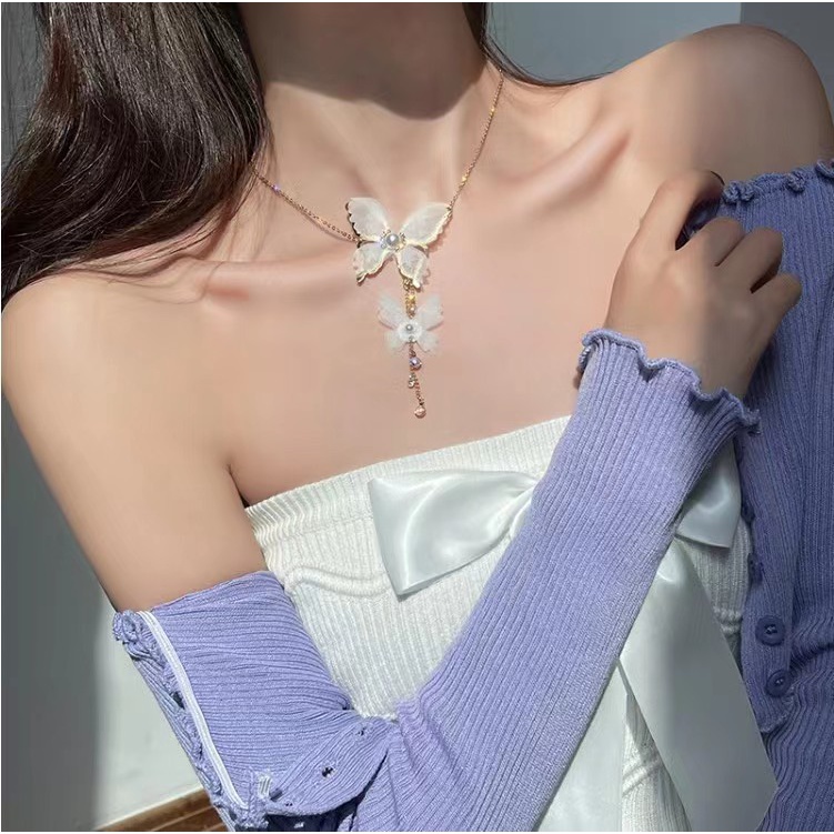 Vòng Cổ Ren Mặt Bướm Đính Ngọc Trai Độc Đáo Phong Cách Hàn Quốc Thời Trang Cho Nữ