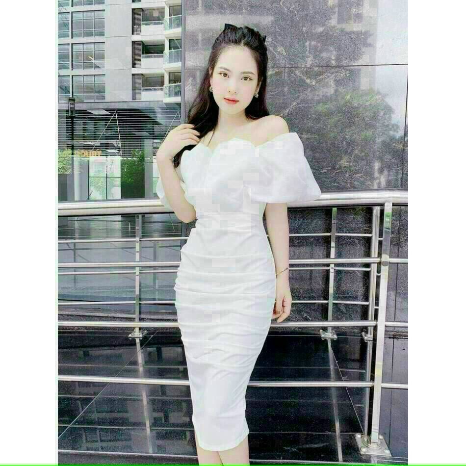 Đầm hở vai xếp li trông rất trẻ trung xinh đẹp sang trọng dành cho các tình yêu đi dự tiệc 3 màu đỏ trắng hồng nhạt