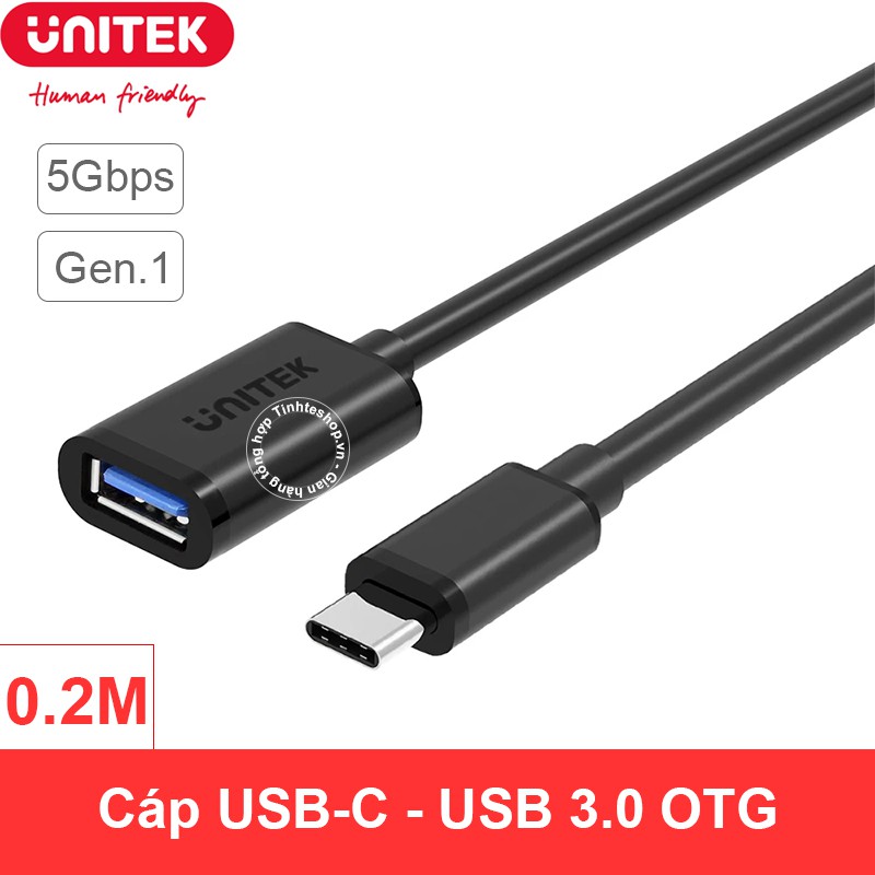 Dây USB type-C OTG - USB-C 3.1 đực ra USB 3.0 cái cắm Chuột Bàn phím USB flash cho Macbook Smartphone 1M Unitek Y-C476BK