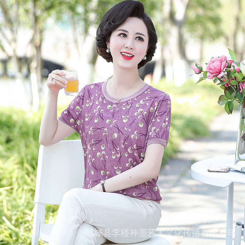 Áo Kiểu Tay Ngắn Chất Lụa Họa Tiết Hoa Thời Trang Mùa Hè Cho Phụ Nữ Trung Niên 50-60 Tuổi