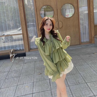 Set 2 món: áo babydoll tay dài bèo tầng & quần short