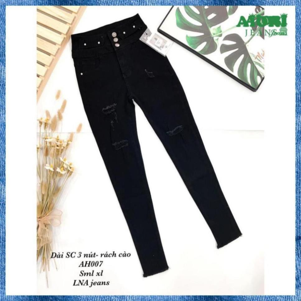 Quần Jeans Nữ, Quần Dài Ôm Lưng Cao 3 Nút Màu Đen Tuyền, Vải Cao Cấp Mềm Mịn, Thóng Mát, Co Giãn Tốt