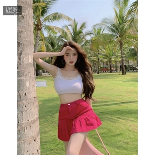 Chân Váy Denim Dáng Chữ A Lưng Cao Màu Đỏ Hồng Thời Trang Cho Nữ