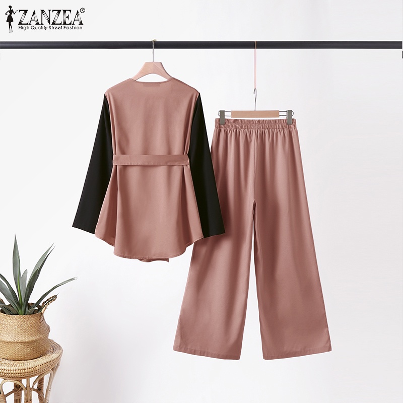 Zanzea Set Áo Cánh Dài Tay + Quần Dài Ống Rộng Thời Trang Nữ