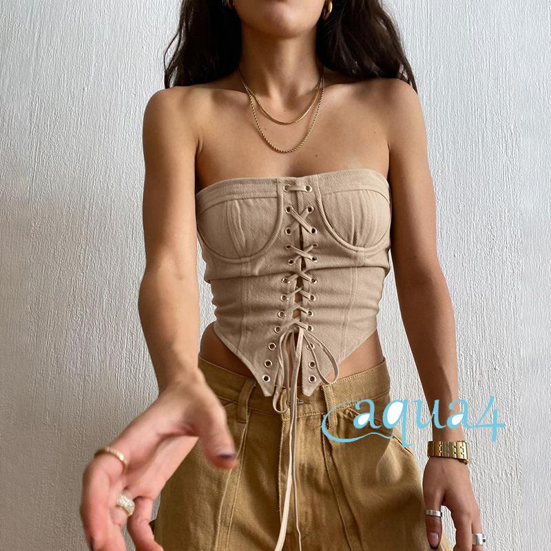 ANANA-Women´s Short Tops Drawstring Straps, Irregular Triangle Hem Off-Shoulder Slim-fitting Tank Tops