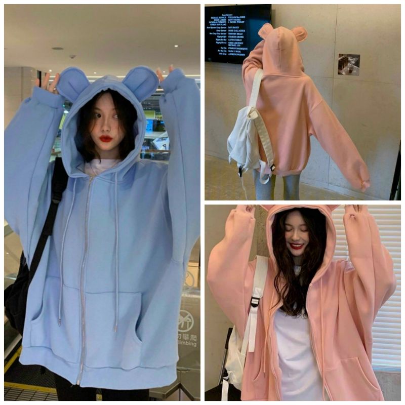 Áo Khoác Nữ Tai Thỏ Cute Kiểu Hoodie Thu Đông Có Khóa Kéo - Chất Vải Nỉ Ngoại From Rộng Unisex