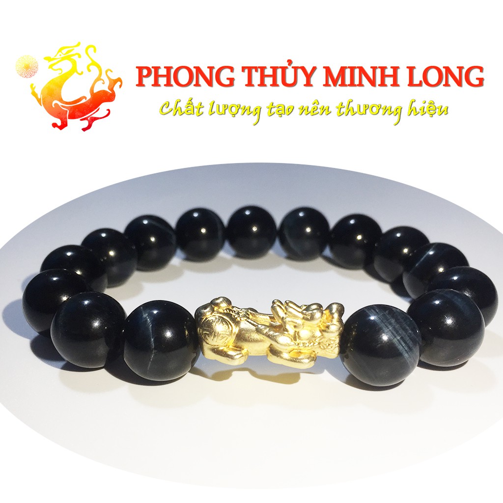 Vòng tay đá mắt hổ Chim Ưng xanh đen chất lượng 5A mix Tỳ Hưu Vàng hợp mệnh Thủy và Mộc
