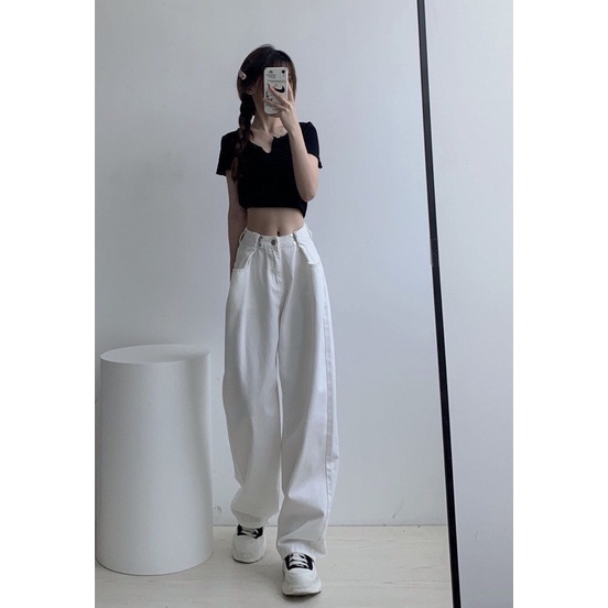 Quần Jeans có cài eo không co giãn ống rộng Meisy