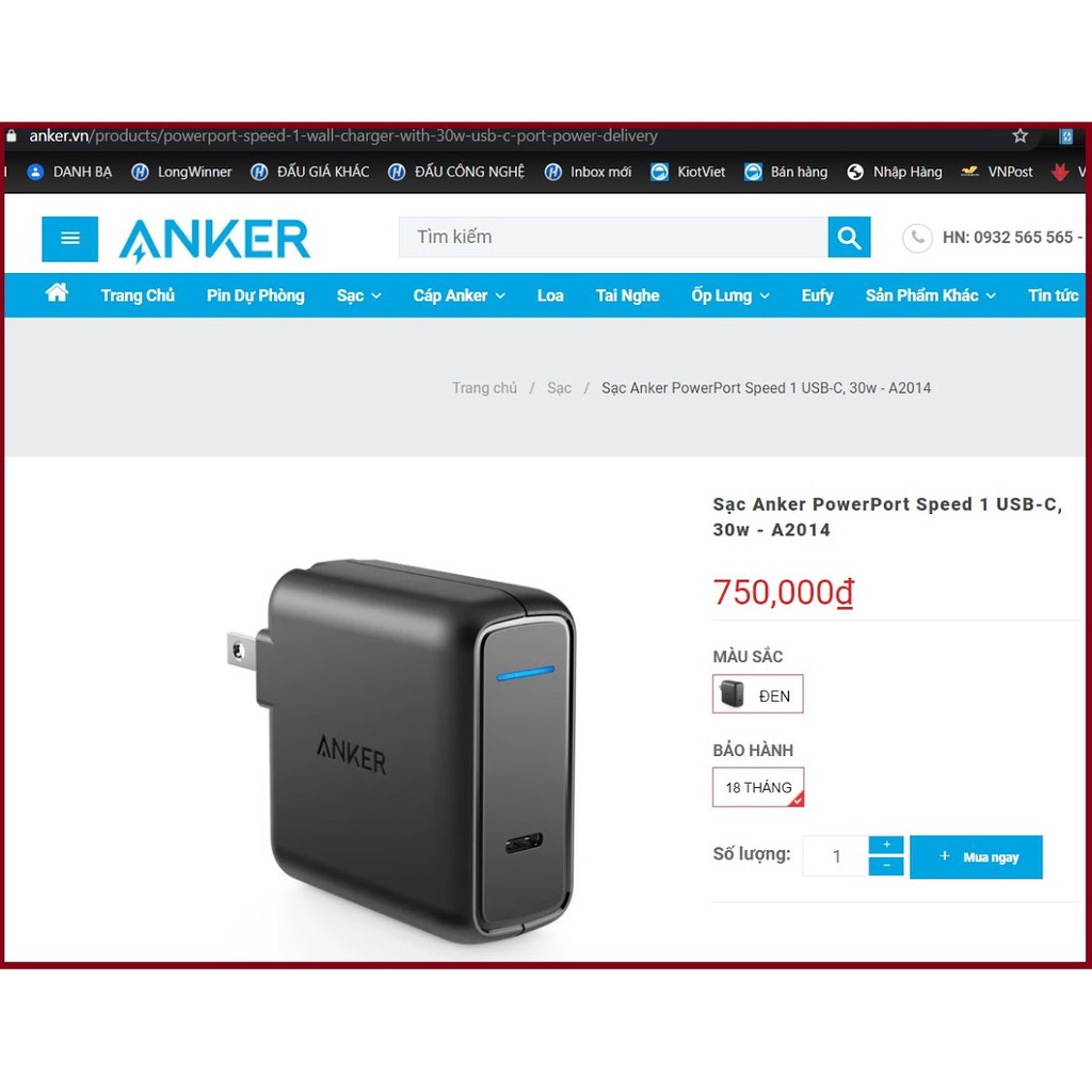 Củ sạc nhanh Anker PD 30W cổng Type C - Sạc Anker PowerPort Speed 1 USB-C, 30w - A2014